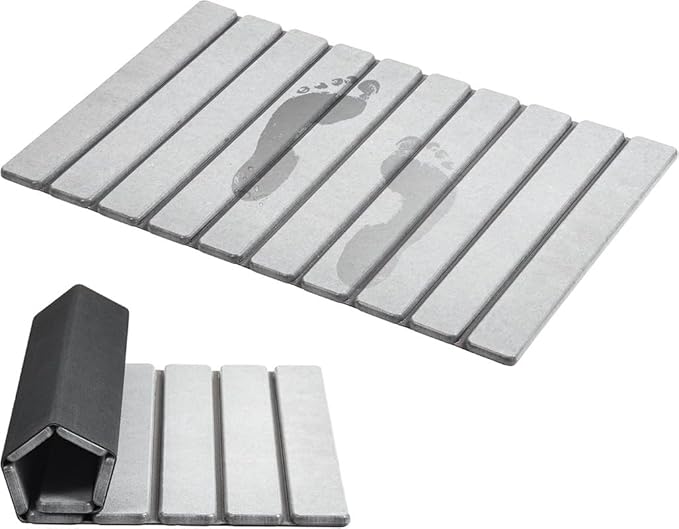 AWW Foldable Stone Bath Mat, Quick Dry Diatomaceous Earth Bath Mat with Non-Slip Mat, Super Absorbent, Easy to Clean, Compact for Small Bathrooms, 23.6 x 15.5, Light Grey by AWW