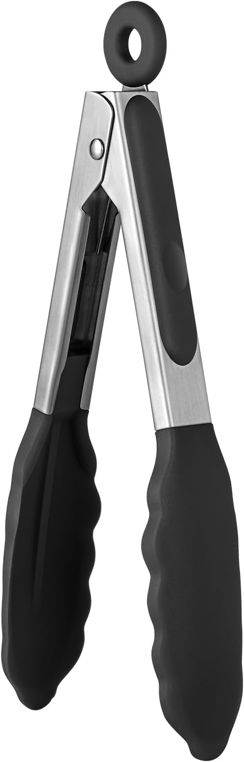 600ºF Heat Resistant Kitchen Tong: U-Taste 7 inch Silicone Cooking Tong with Firm Sealed Non Stick Rubber Tips & Silicon Coated 18/8 Stainless Steel Handle & Smooth Locking for Serving Salad (Black) by U-Taste
