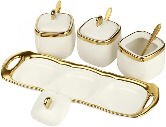 Porcelain Condiment Jar Spice Container with Tray Ceramic Serving Spoon and Lid, Spice Sugar Ceramic Condiment Pot Creative Seasoning Box for Your Home, Kitchen, Counter (White)