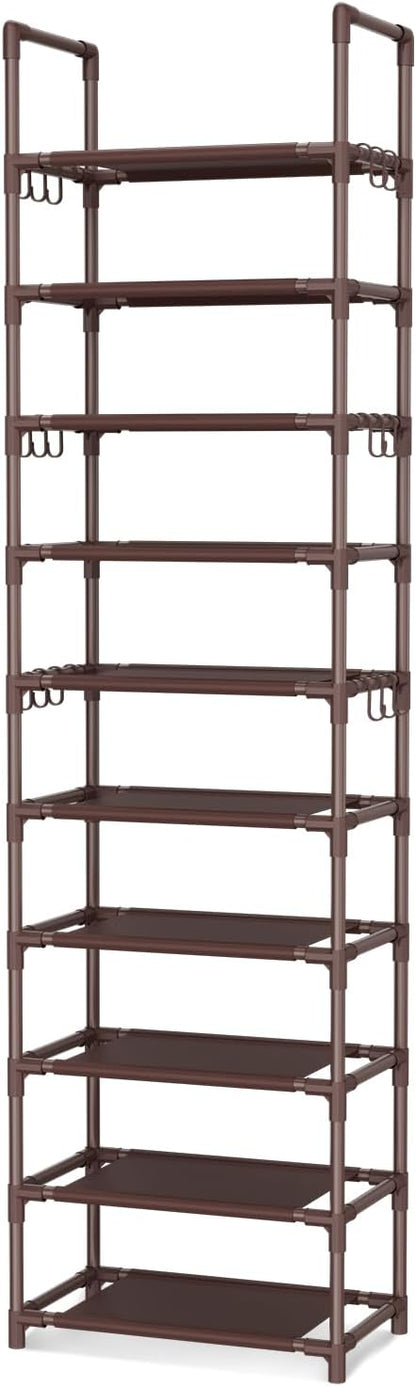 VTRIN 10 Tiers Tall Shoe Rack Holds 20-25 Pairs of Shoes Sturdy Vertical Shoe Organizer with 18pcs Hooks Stackable Narrow Shoe Rack for Closet, Entryway Brown - Image 8