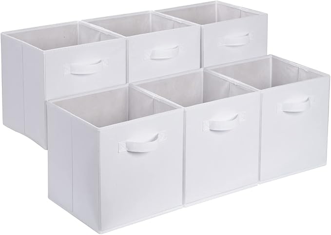 Amazon Basics Collapsible Fabric Storage Cubes Organizer with Handles, Sturdy Storage Bins, White, 10.5-x-10.5-x-11-inch, 6-Pack by AmazonBasics