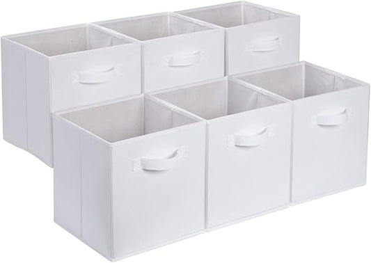 Amazon Basics Collapsible Fabric Storage Cubes Organizer with Handles, Sturdy Storage Bins, White, 10.5-x-10.5-x-11-inch, 6-Pack by AmazonBasics