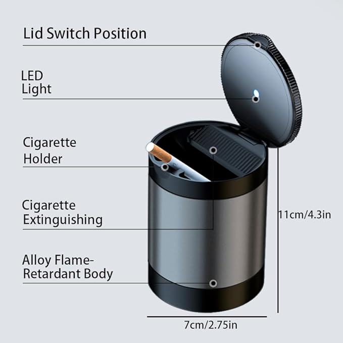 Ashtray with Lid,Smokeless Ashtray for Cup Holder Smell Proof,Detachable Stainless Steel Car Ash Tray with LED Auto Light, for Most Car, Office, Home (Grey)
