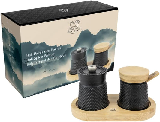 Peugeot Bali Black Cast-Iron Pepper Mill and Salt Cellar.
