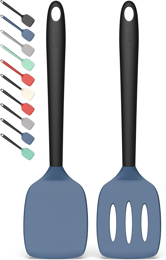 Coukre 2 Pack Silicone Spatula Set, High Heat Resistant, BPA Free Kitchen Spatula, Solid & Slotted Turner for Non-Stick Pans, Sautéing, and Flipping (2, NavyBlue) by Coukre