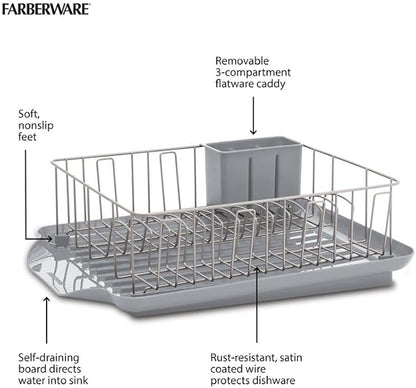 Farberware Classic 3-Piece Dish Drying Rack Set for Kitchen Counter, Gray - Rust-Resistant Wires, Self-Draining Board, Flatware Caddy, Non-Slip Feet - Image 2