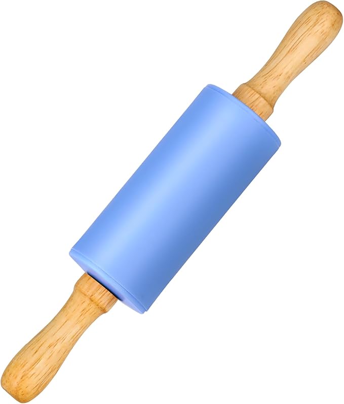 Mini Silicone Rolling Pin for Kids, Non-stick Surface Wood Handle, 9 Inch 1 Pack Blue by Honglida