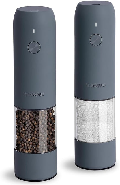 TLYSXPRO Electric Salt and Pepper Grinder Set with USB Rechargeable, Automatic One Hand Operation with Adjustable Coarseness, Pepper Mill Grinder Refillable with LED Light (2 Packs, Blue-Grey) by TLYSXPROOfficial