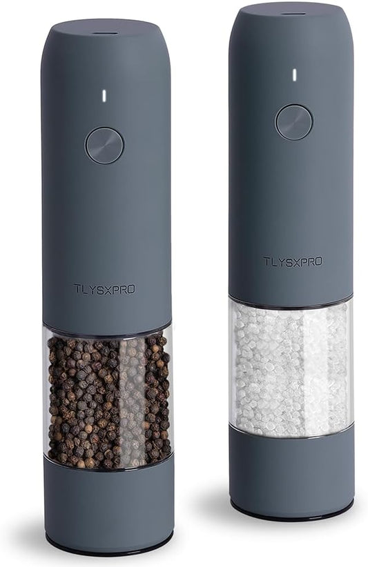TLYSXPRO Electric Salt and Pepper Grinder Set with USB Rechargeable, Automatic One Hand Operation with Adjustable Coarseness, Pepper Mill Grinder Refillable with LED Light (2 Packs, Blue-Grey) by TLYSXPROOfficial