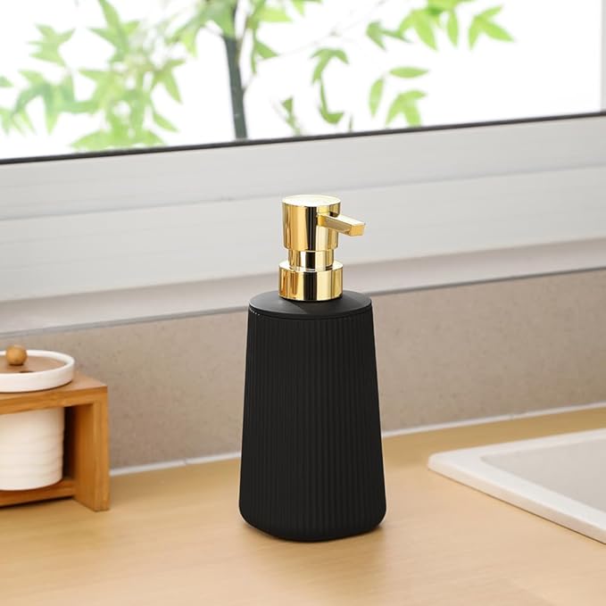 Small Soap Dispenser for Bathroom and Kitchen, Modern Farmhouse Striped Style Plastic Hand Soap Dish Soap Dispenser with Pump Matte Black and Gold - Image 5