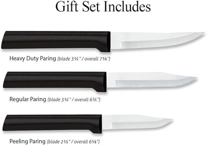 Rada Cutlery Paring Knife Galore Gift Set (G201) with Quick Edge Sharpener (R119), 3-Piece Knife Set and Knife Sharpener, Stainless Steel Blades, Black Handle