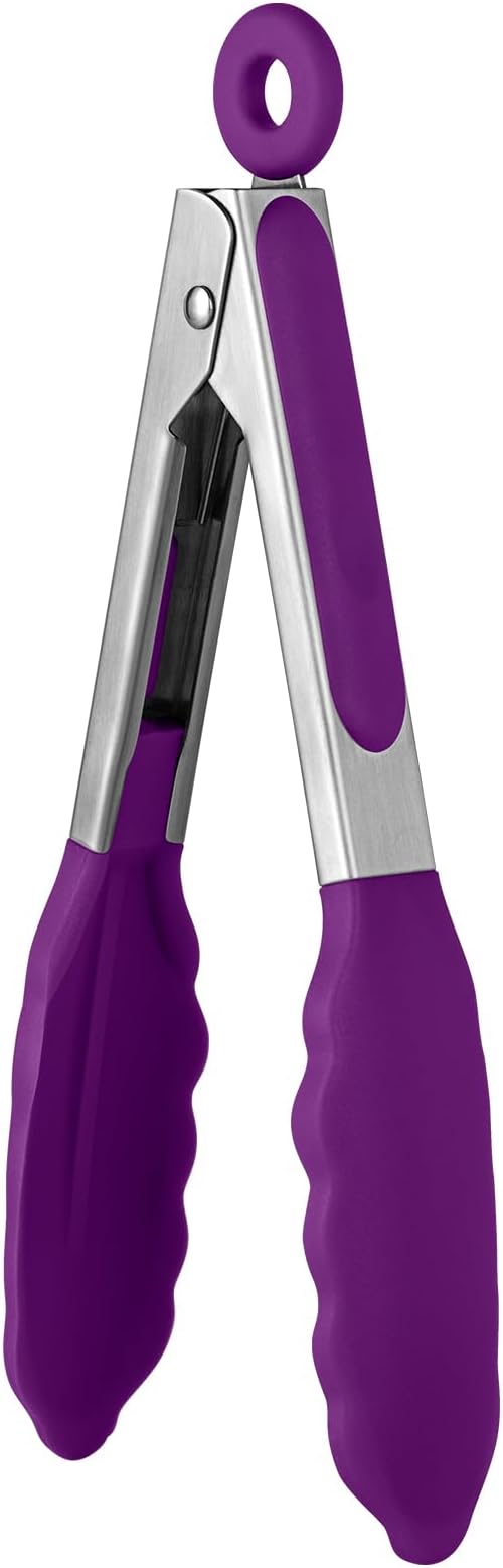 600ºF Heat Resistant Kitchen Tong: U-Taste 7 inch Silicone Cooking Tong with Firm Sealed Non Stick Rubber Tips & Silicon Coated 18/8 Stainless Steel Handle & Smooth Locking for Serving Salad (Purple) by U-Taste