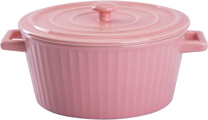 WHJY Pink Ceramic Casserole Dish with Lid，1 Quart Ceramic Casserole Pan for Bakeware Oven