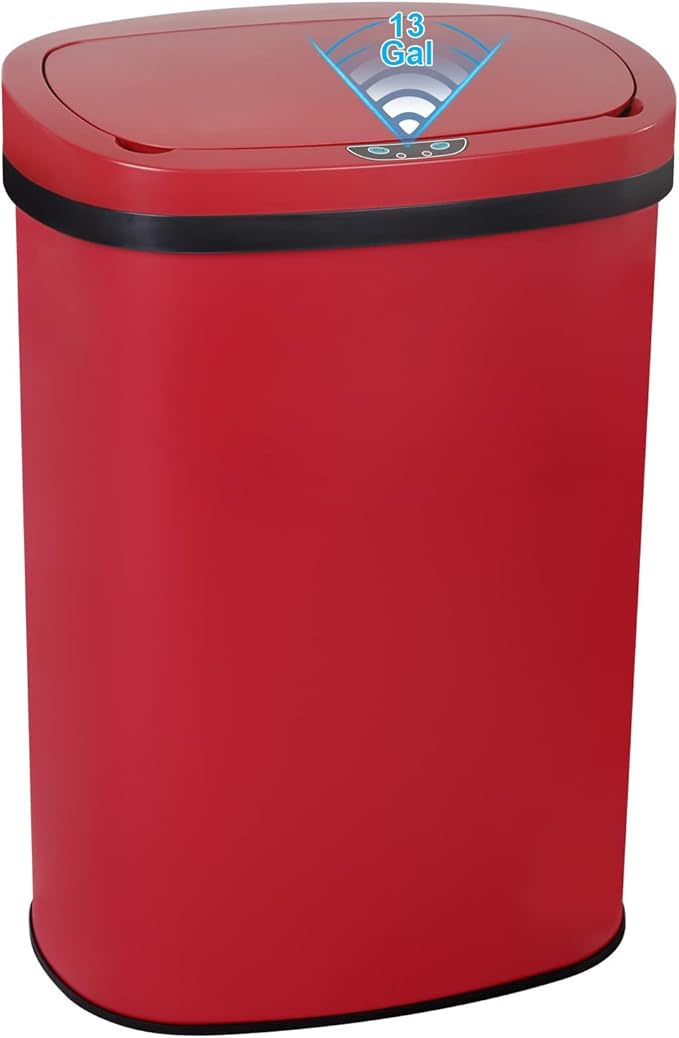 Bigacc 13 Gallon 50L Touch Free Automatic Stainless Steel Trash Can Garbage Can Metal Trash Bin with Lid for Kitchen Living Room Office Bathroom, Electronic Motion Sensor Automatic Trash Can - Red by Bigacc