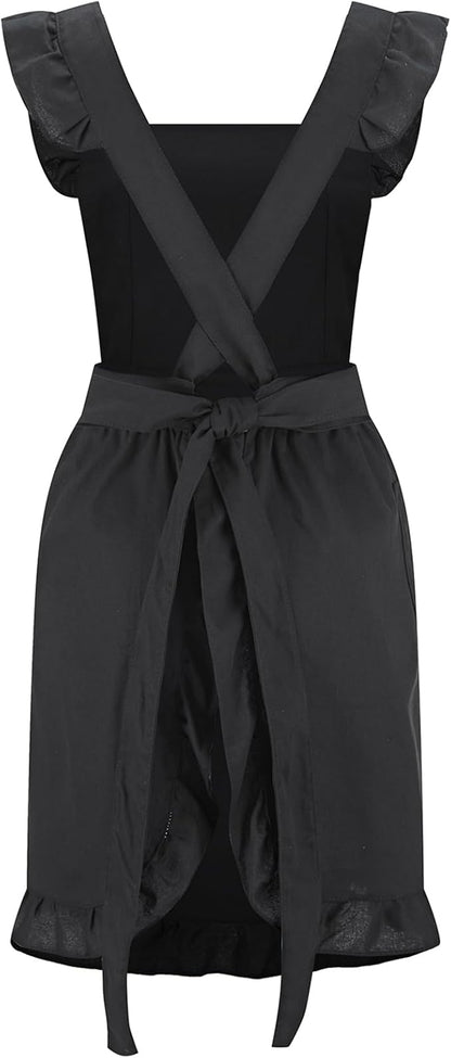 Hyzrz Retro Adjustable Ruffle Aprons with Pockets for Women Girls Vintage Cross Back Pinafore Dress Maid Costume Apron