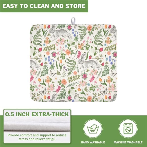 Easter Bunny Dish Drying Mat for Kitchen Counter,Colorful Flowers Sage Green Leaves Vintage Botanical Plants Drying Mat 16 x 18 Inch with Absorbent Reversible Microfiber Drying Pad for Coffee Bar - Image 4