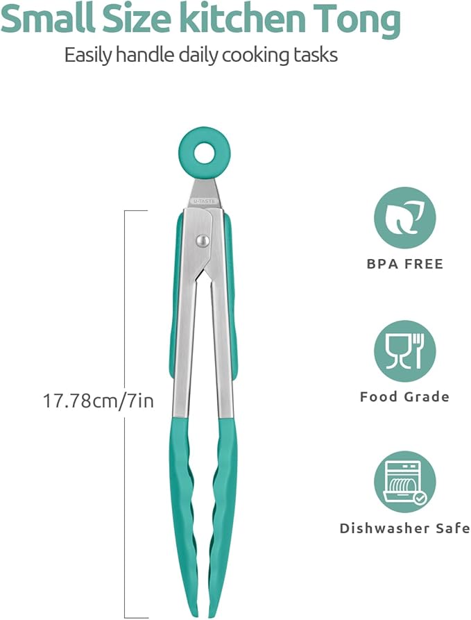 600ºF Heat Resistant Kitchen Tong: U-Taste 7in Silicone Cooking Tong with Firm Sealed Non Stick Rubber Tips & Silicon Coated 18/8 Stainless Steel Handle & Smooth Locking for Serving Salad (Aqua Sky) - Image 2