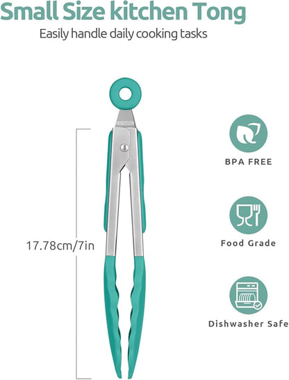 600ºF Heat Resistant Kitchen Tong: U-Taste 7in Silicone Cooking Tong with Firm Sealed Non Stick Rubber Tips & Silicon Coated 18/8 Stainless Steel Handle & Smooth Locking for Serving Salad (Aqua Sky) - Image 2
