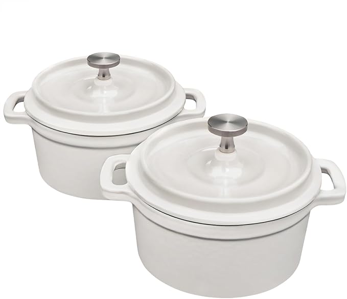 Flavehc Mini Cocotte 16 oz Mini Dutch Oven 0.5 qt. Cast Iron Garlic Roaster for Oven Garlic Confit Pot Ramekins with Lids Oven Safe Set of 2, White