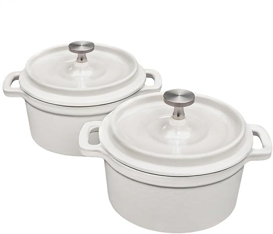Flavehc Mini Cocotte 16 oz Mini Dutch Oven 0.5 qt. Cast Iron Garlic Roaster for Oven Garlic Confit Pot Ramekins with Lids Oven Safe Set of 2, White