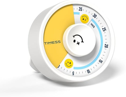 60-Minute Visual Timer, Twist to Set, Loud Battery-Powered Alarm, Manual Rotary Countdown Dial for Study, Focus, Classroom, Office & Home Time Management (White Smile)