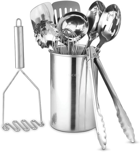 Avador® Premium Set of 10 Stainless Steel Kitchen Tool Set with Holder Easy To Clean, Space Saving, Great for Cooking, Baking, Prepping by AVADOR