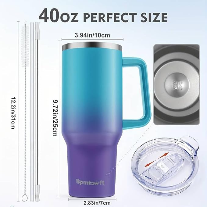 40oz Stainless Steel Double Vacuum Tumbler with Handle, Straw Lid, Carrier Bag, Purse Pouch Phone Pocket, Gym Water Bottle Travel Mug and Sleeve Holder for Men Women (Blue)