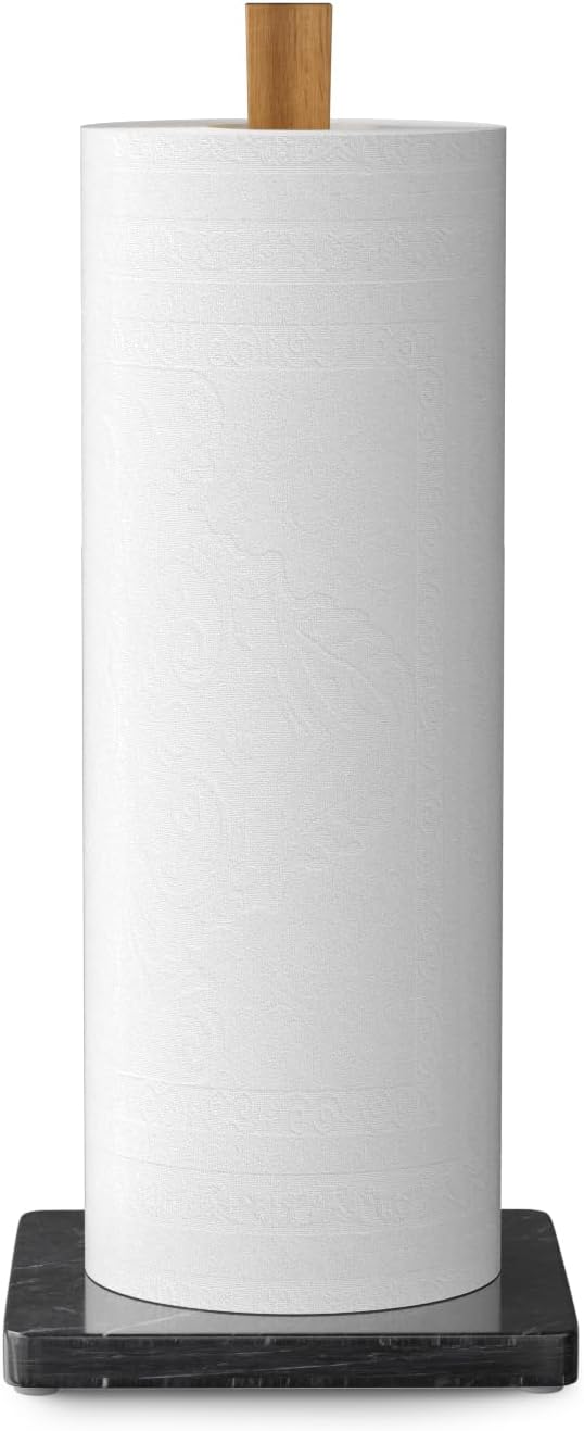 Buruis Wood Paper Towel Holder, Marble Base Modern Decorative Countertop Standing Rolls Holder for Kitchen, Toilet, Pantry and Bathroom (Square Marble Base Black) - Image 2