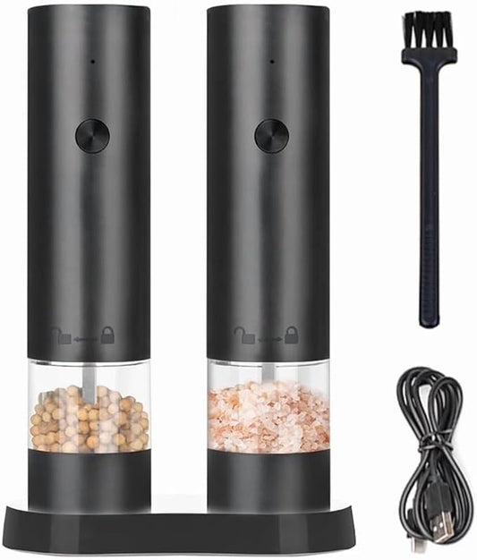 Rechargeable Electric Salt and Pepper Grinder Set, Automatic Pepper Mill with Adjustable Coarseness & One-Hand Operation, Large Capacity Battery-Powered Shakers for Cooking, Kitchen, Gifts (2, Black)