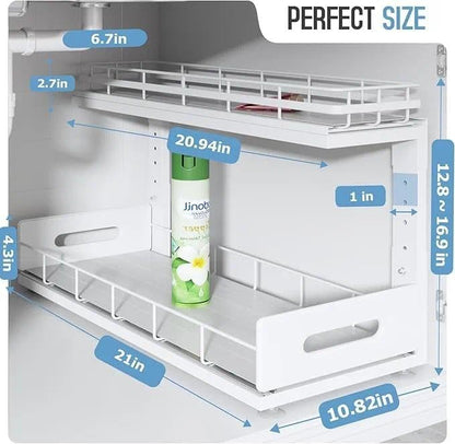Under Sink Organizer Upgrade To Professional Rails,2-Tier Dual Pull Out Cabinet Storage,Height Adjustable Slide Out Drawers For Bathroom Kitchen,1 Pack-21"Dx12.8"-16.9"H,White - Image 2