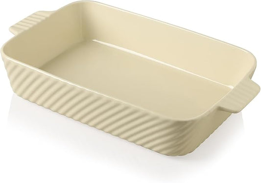 Sweejar Ceramic 13 x 9 Baking Pan, Cake Baking Dish for Brownie, Porcelain Striped Casserole Dishes for Oven with Handle for Lasagna, Family Dinner(Beige) by Sweejarco1949