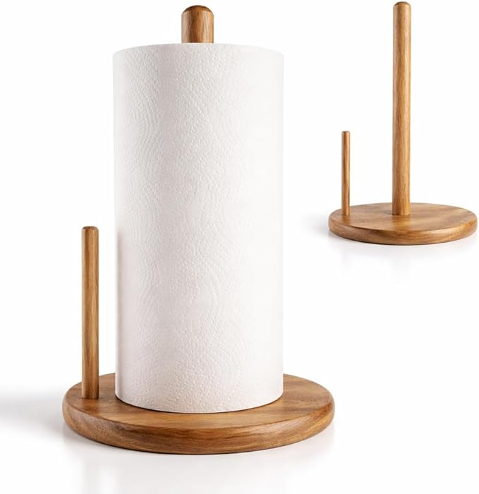 Jumbo Acacia Wood Paper Towel Holder – Large 8.27" Diameter Non-Slip Base, Countertop Wooden Paper Towel Holder for Kitchen, Dining, Coffee Bar, Thick & Stable, Easy Assembly, Natural Wood Finish by E-ROOMTREND