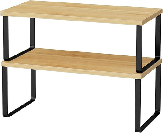 OGEMXU Cabinet Shelf Organizers, 15.7 inches Large Kitchen Counter Shelf, Set of 2 Wood Kitchen Pantry Organizer, Storage Shelves for Countertop, Spice Rack, Stackable, Expandable, Metal Black, Nature by OGEMXU