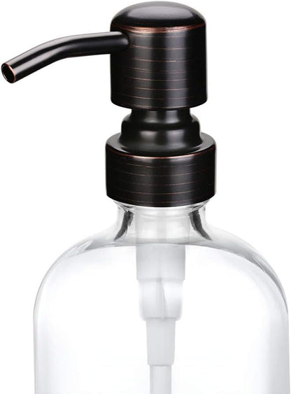 2 Pack Thick Clear Glass Boston Round Bottles /Oil Rubbed Bronze Stainless Steel Pumps, 16 Ounce Jar Soap Dispenser with Rustproof Pump for Essential Oil, Liquid Soap