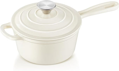 1Qt Enameled Cast Iron Sauce Pan, Leonyo Dutch Oven Pot with Lid, Non Stick Cooking Simmer Pots Induction Kitchen Cookware for All Cooktops Baking Bread, Soup, Ramen - Up to 500°F, Cream White