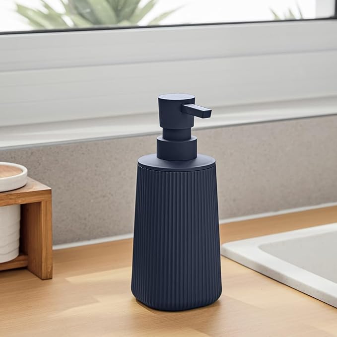Small Soap Dispenser for Bathroom and Kitchen, Modern Farmhouse Striped Style Plastic Hand Soap Dish Soap Dispenser with Pump Matte Blue - Image 4