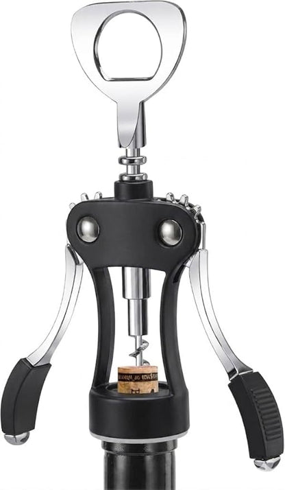 KORCCI Wine Opener, Heavy-Duty Zinc Alloy Wing Corkscrew, Premium Beer Bottle Opener, Multifunctional Wine Accessories with Ergonomic Handle and Sharp Screw, for Kitchen, Bar, Restaurant (BLACK) by KORCCI