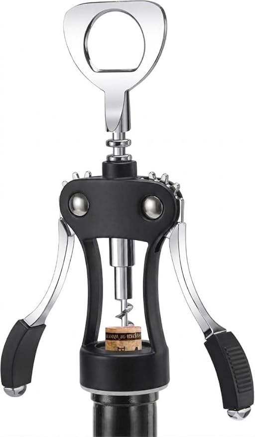 KORCCI Wine Opener, Heavy-Duty Zinc Alloy Wing Corkscrew, Premium Beer Bottle Opener, Multifunctional Wine Accessories with Ergonomic Handle and Sharp Screw, for Kitchen, Bar, Restaurant (BLACK) by KORCCI