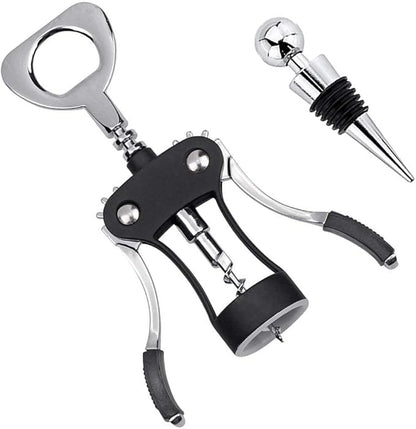 Foho Wine Opener, Multifunctional Wing Corkscrew Wine Bottle Opener for all Cork Stoppered and Beer Cap Bottles, Luxury Waiter Corkscrew with Stopper Set for Wine Enthusiast, Waiters - Black