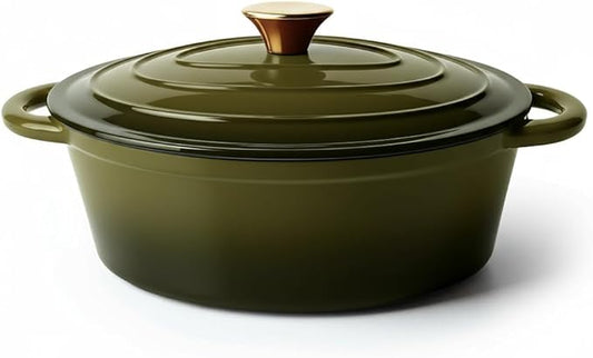 Vintage Style Oval Dutch Oven for Bread Baking, 4.5 Quart Non Stick Enameled Cast Iron Dutch Oven Pot with Lid, Oven Safe Oval Casserole with Lid up to 500°F for Baking, Braising, Stews, Roasting, Golden Green by Unknown