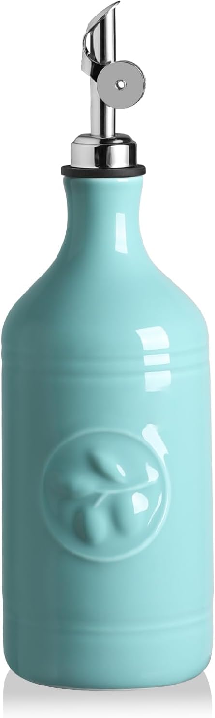 Sweejar 16 Oz Ceramic Olive Oil Dispenser Bottle, Oil Dispenser for Kitchen with Gravity Spout, Relief Opaque Oil Container for Evoo, Avocado Oil, Vinegar, Soy Sauce, 1 Pack(Turquoise, Silver Spout) by Sweejarco1949