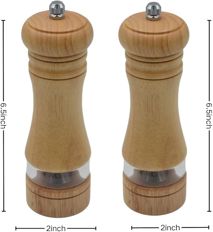 Classic Salt and Pepper Grinder Set,Refillable Salt and Pepper Mills,Manual Oak Wood Salt Grinder,Pepper Grinder,Visible Adjustable Ceramic Grinding Rotor,2 Packs set 6.5 inch Each
