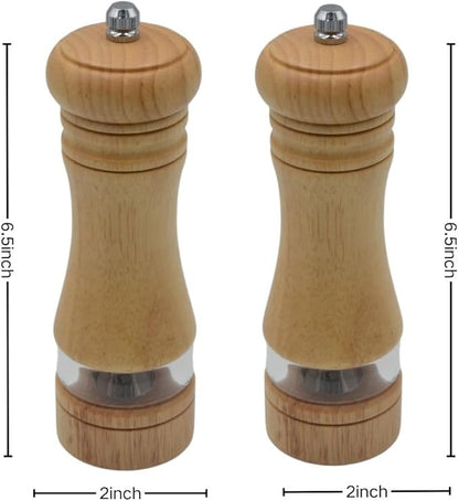 Classic Salt and Pepper Grinder Set,Refillable Salt and Pepper Mills,Manual Oak Wood Salt Grinder,Pepper Grinder,Visible Adjustable Ceramic Grinding Rotor,2 Packs set 6.5 inch Each