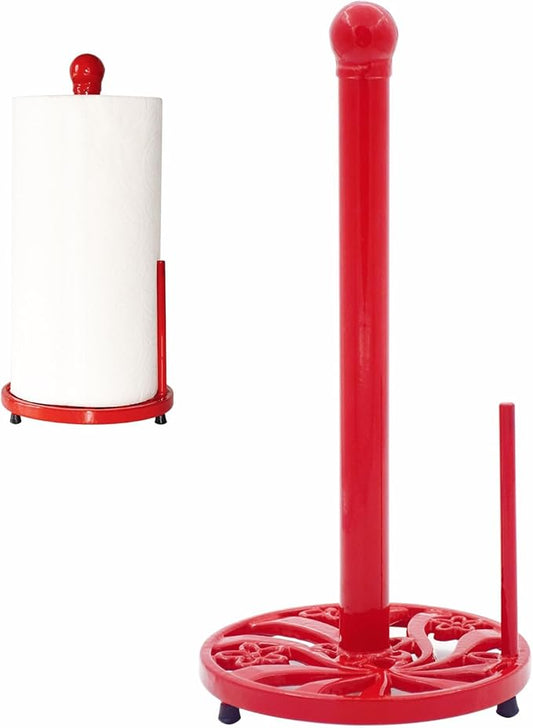 Red Cast Iron Paper Towel Holder for Kitchen Countertop - Vintage Daffodil Standing Dispenser with Heavy Weighted Base, Antique Farmhouse Decor, Fits Jumbo Rolls, One-Handed Tear