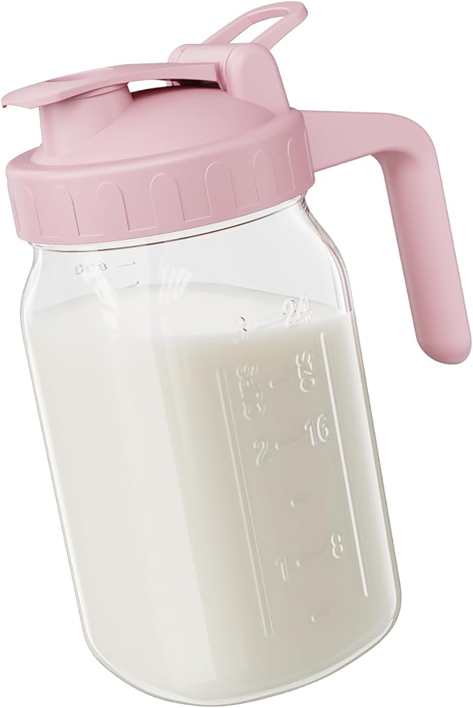 Breast Milk Pitcher - 32 oz Glass Mason Jar with Dual Leak-Proof Design, Airtight Seal, Pour Spout & Handle, Storage Container for Breastmilk, Iced Tea & Ice Drinks（Pink） by Junvpic