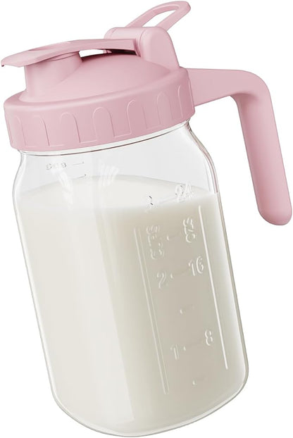 Breast Milk Pitcher - 32 oz Glass Mason Jar with Dual Leak-Proof Design, Airtight Seal, Pour Spout & Handle, Storage Container for Breastmilk, Iced Tea & Ice Drinks（Pink） by Junvpic