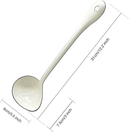 White Soup Ladle Spoons 12.2 Inch Big Serving Cooking Spoons Enamel Steel Stew Gravy Ladles for Serving