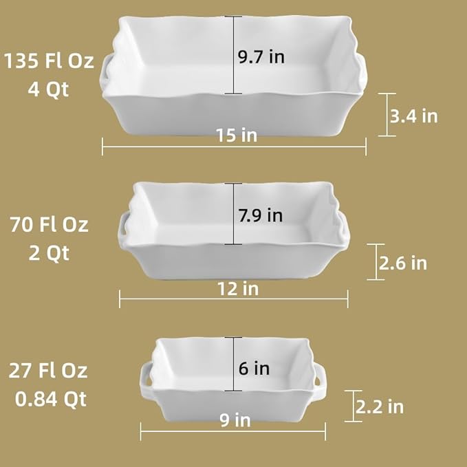 Sweejar Casserole Dishes for Oven, Ceramic Bakeware Set of 3, Rectangular Baking dish with Handles, Wave Edge Lasagna Pan Deep for Cooking, Cake, Dinner, Banquet and Daily Use (Turquoise) - Image 7