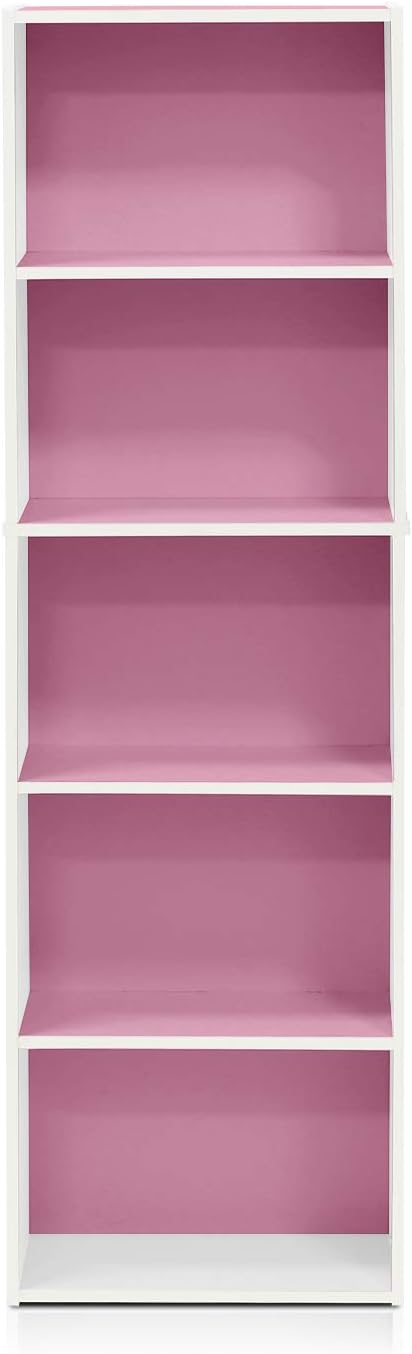 Furinno LUDER Book Shelf, 5-Tier Bookshelf, Bookcase with Open Shelves, 9.4 x 15.8 x 52, Easy Assembly, for Living Room, Bedroom, Home Office, White/Pink - Image 7