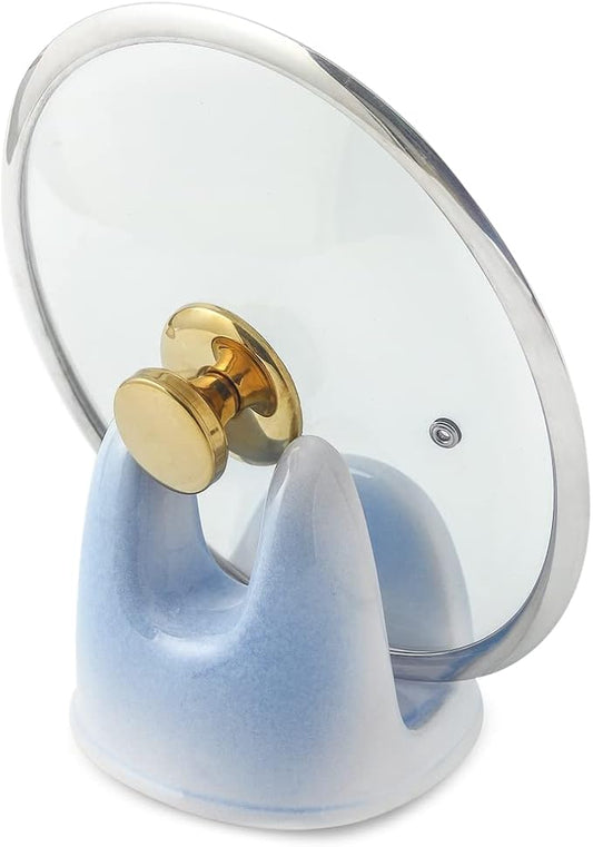 Nihow Pot Lid Holder: Stable Ceramic Pan Lid Holder for Kitchen Counter Decor/Counter top/Stove Top- Heat Resistant & Dishwasher Safe - Elegant White & Blue (1 PC) by Nihow
